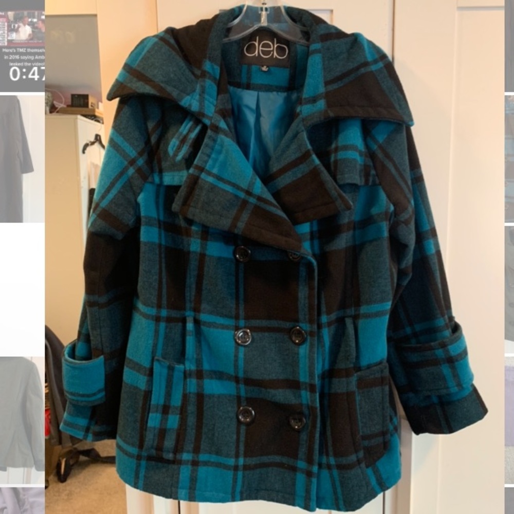 Vintage Deb Turquoise Plaid Pea Coat size 1x - missing belt